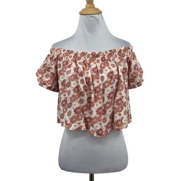 Volcom Top Womens M Medium Multi Floral Off Shoulder Cropped Short Sleeve Shirt - Picture 1 of 14